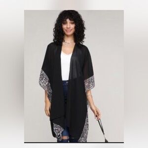 black chiffon kimono cardigan with a snakeskin or animal print trim
